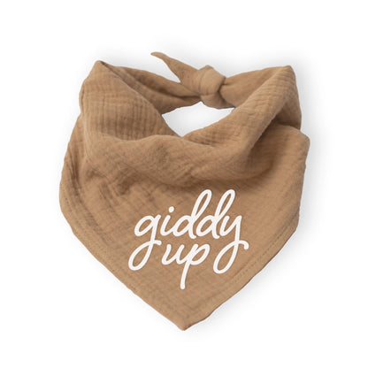 Brown bandana with 'giddy up' text on a white background
